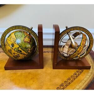 Armillary Zodiac & Antique Globe Italian Bookends MAPSA Swiss Musical Movement